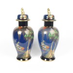 Pair Carlton Ware Vases Vintage England Hand Painted Cobalt Blue Gold Lidded