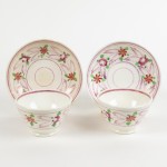 Pair Pink Lusterware Handless Tea Cup and Saucer Set Antique Floral